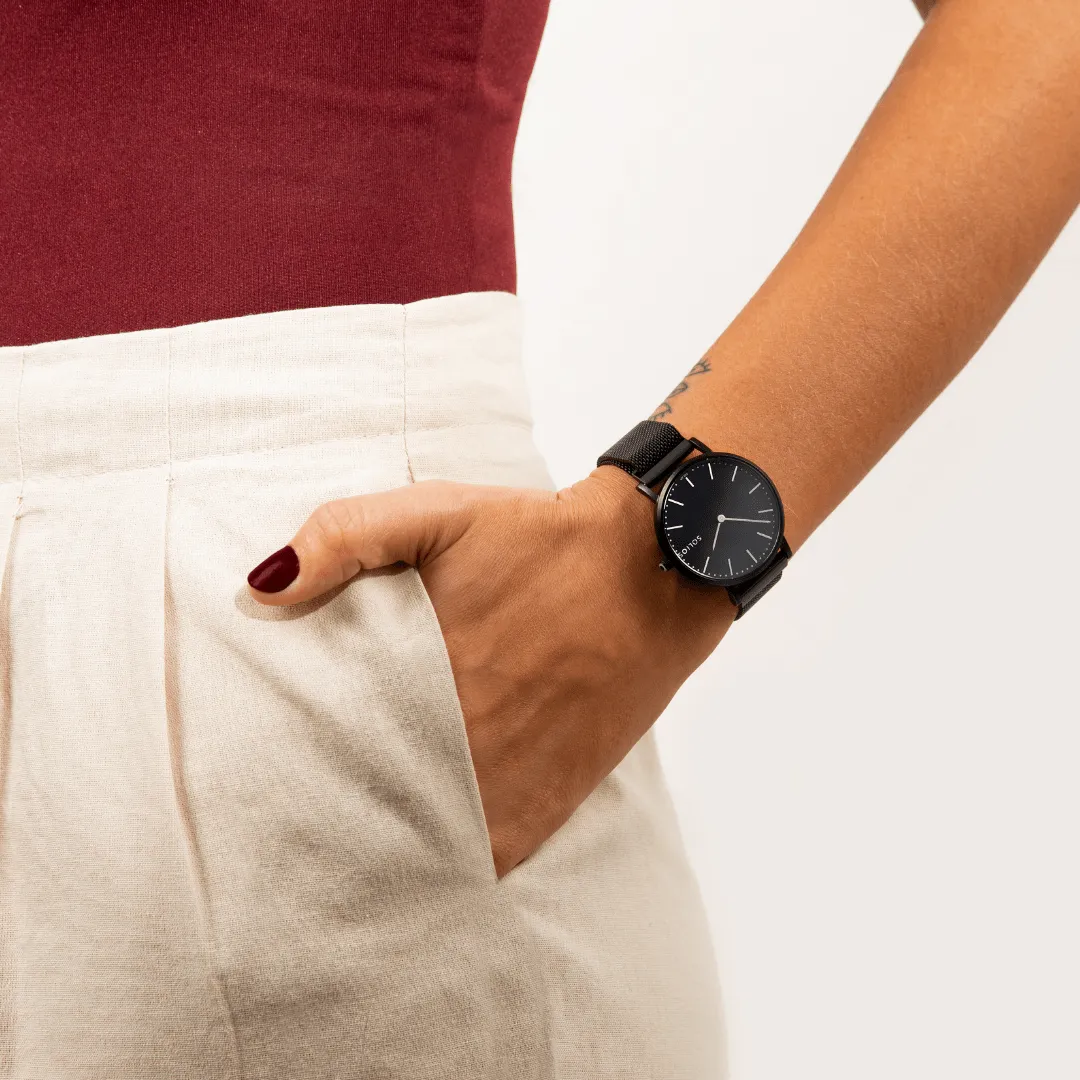 Solar Watch with Black Dial | Grey Mesh Strap