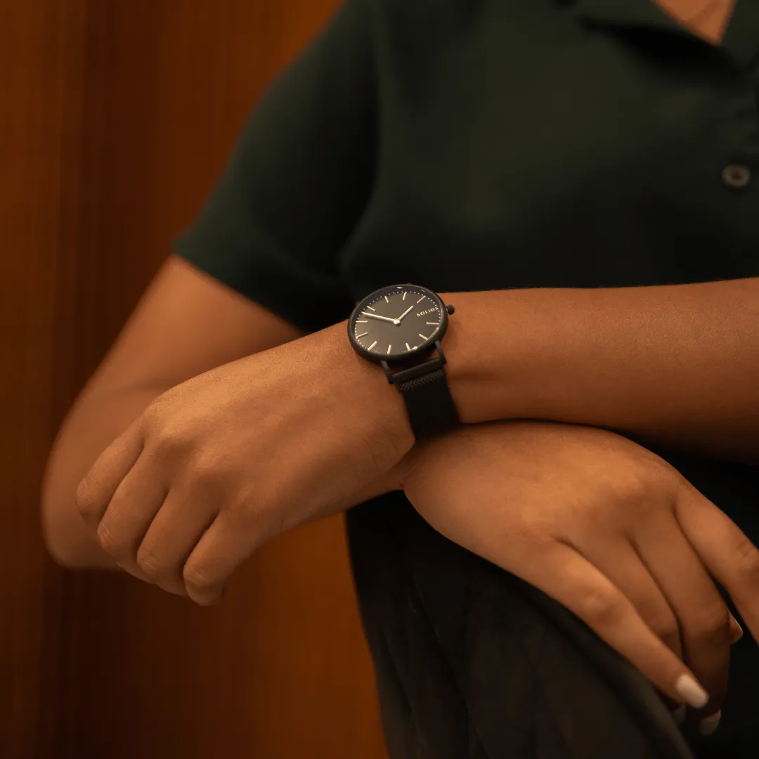 Solar Watch with Black Dial | Grey Mesh Strap
