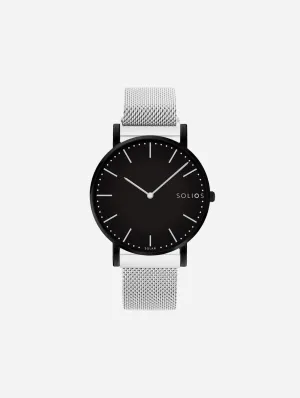 Solar Watch with Black Dial  | Silver Mesh Strap