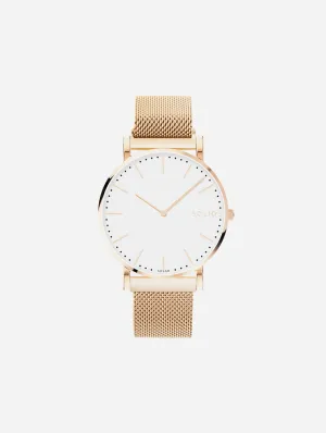 Solar Watch with White & Rose Gold Dial | Rose Gold Mesh Strap