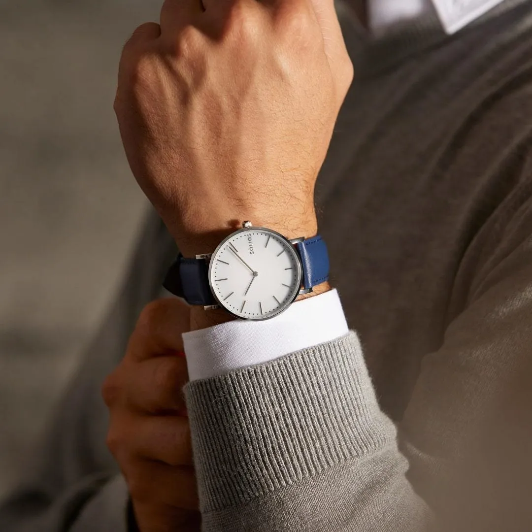 Solar Watch with White & Silver Dial  | Black Vegan Leather Strap
