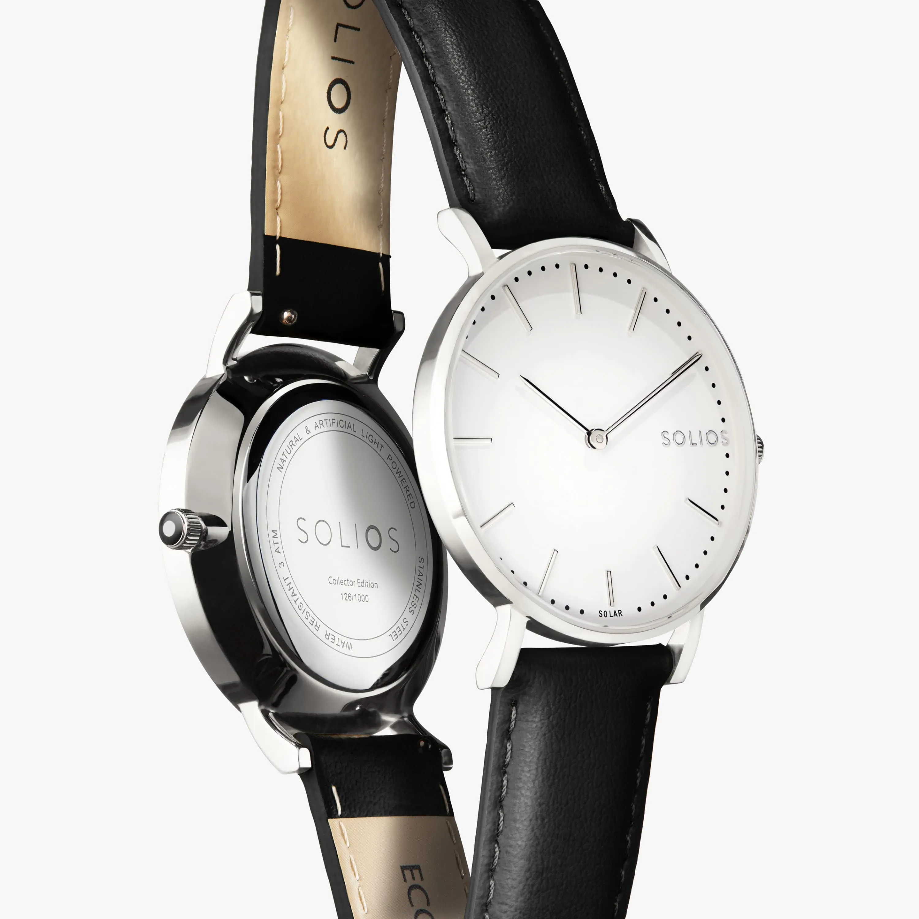 Solar Watch with White & Silver Dial  | Black Vegan Leather Strap