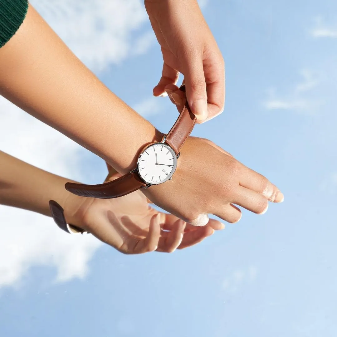 Solar Watch with White & Silver Dial  | Black Vegan Leather Strap