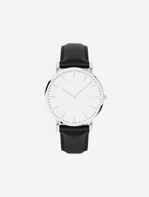 Solar Watch with White & Silver Dial  | Black Vegan Leather Strap