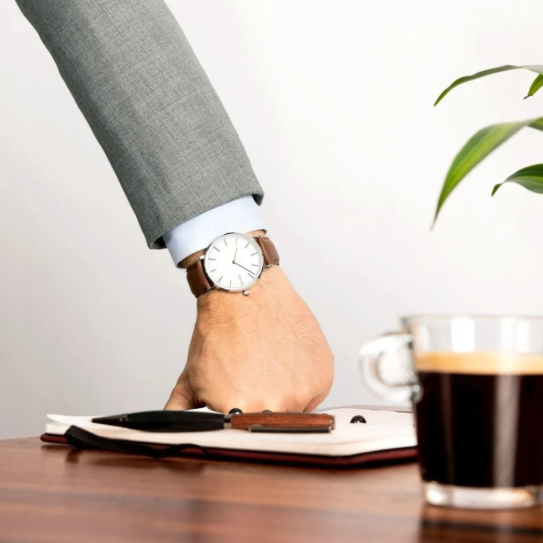 Solar Watch with White & Silver Dial  | Black Vegan Leather Strap