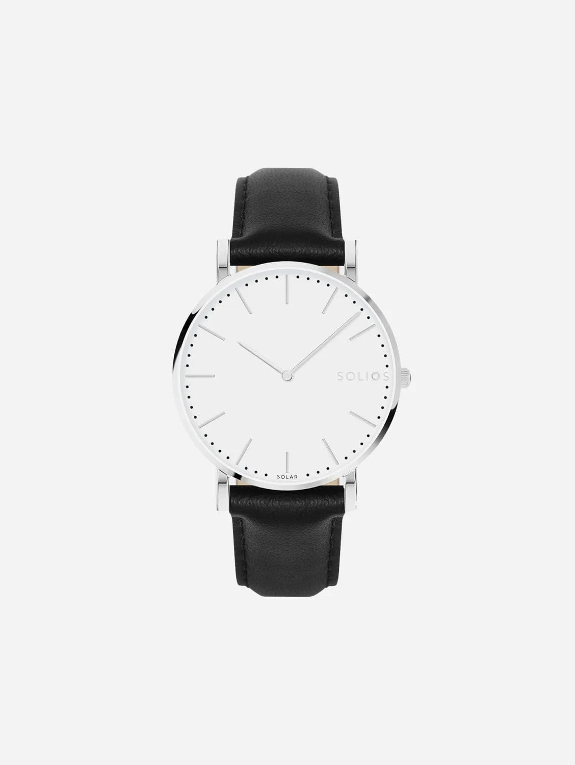 Solar Watch with White & Silver Dial  | Black Vegan Leather Strap