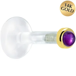 Solid 14KT Yellow Gold 2mm Genuine Amethyst Bioplast Push in Labret