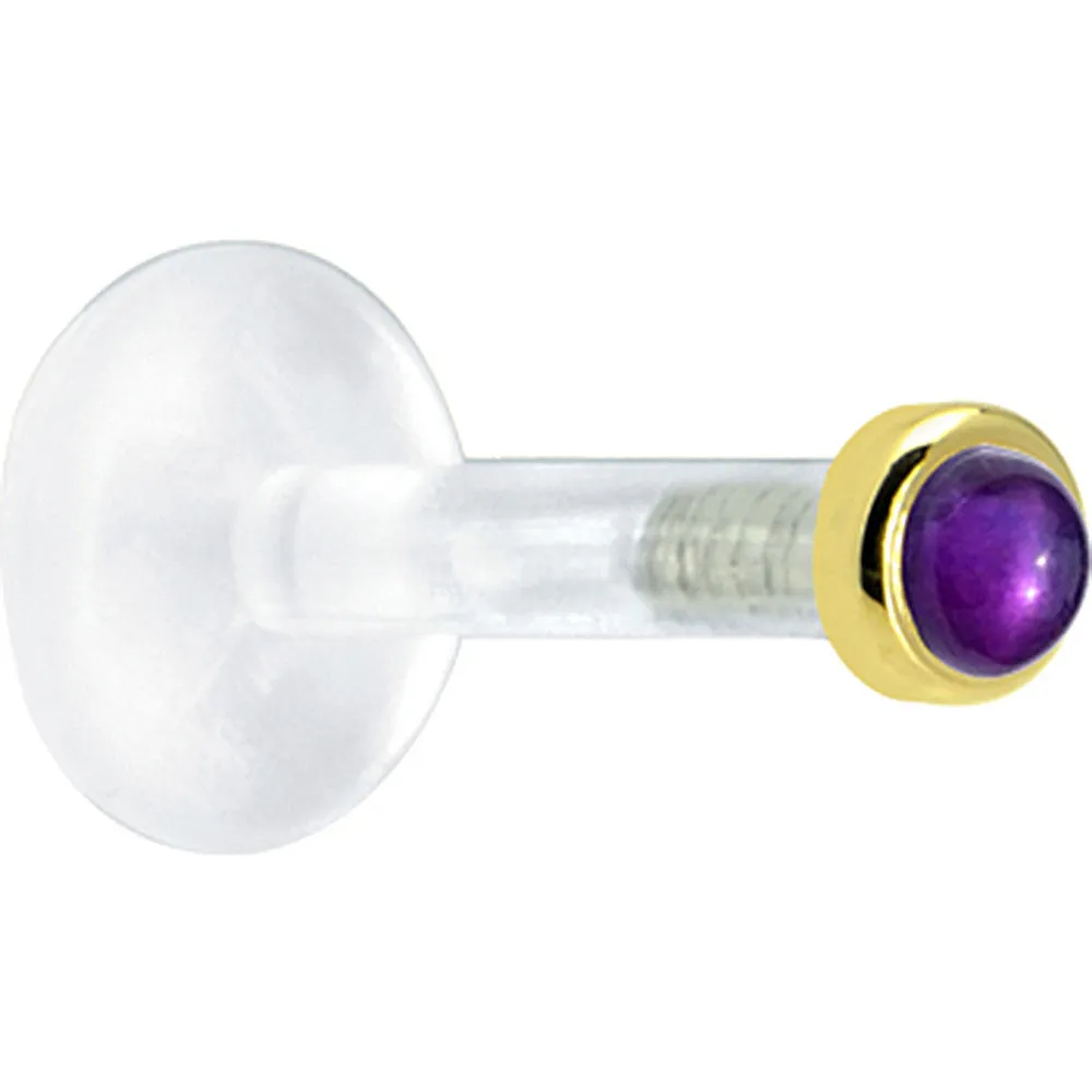 Solid 14KT Yellow Gold 2mm Genuine Amethyst Bioplast Push in Labret