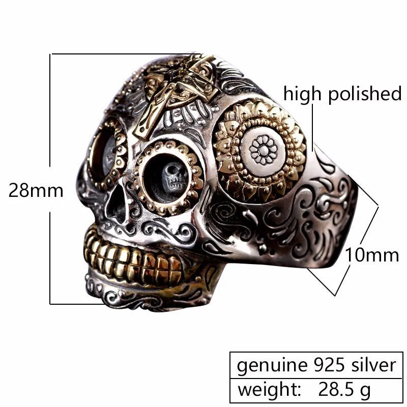 Solid 925 Sterling Silver Day of the Dead Sugar Skull Ring