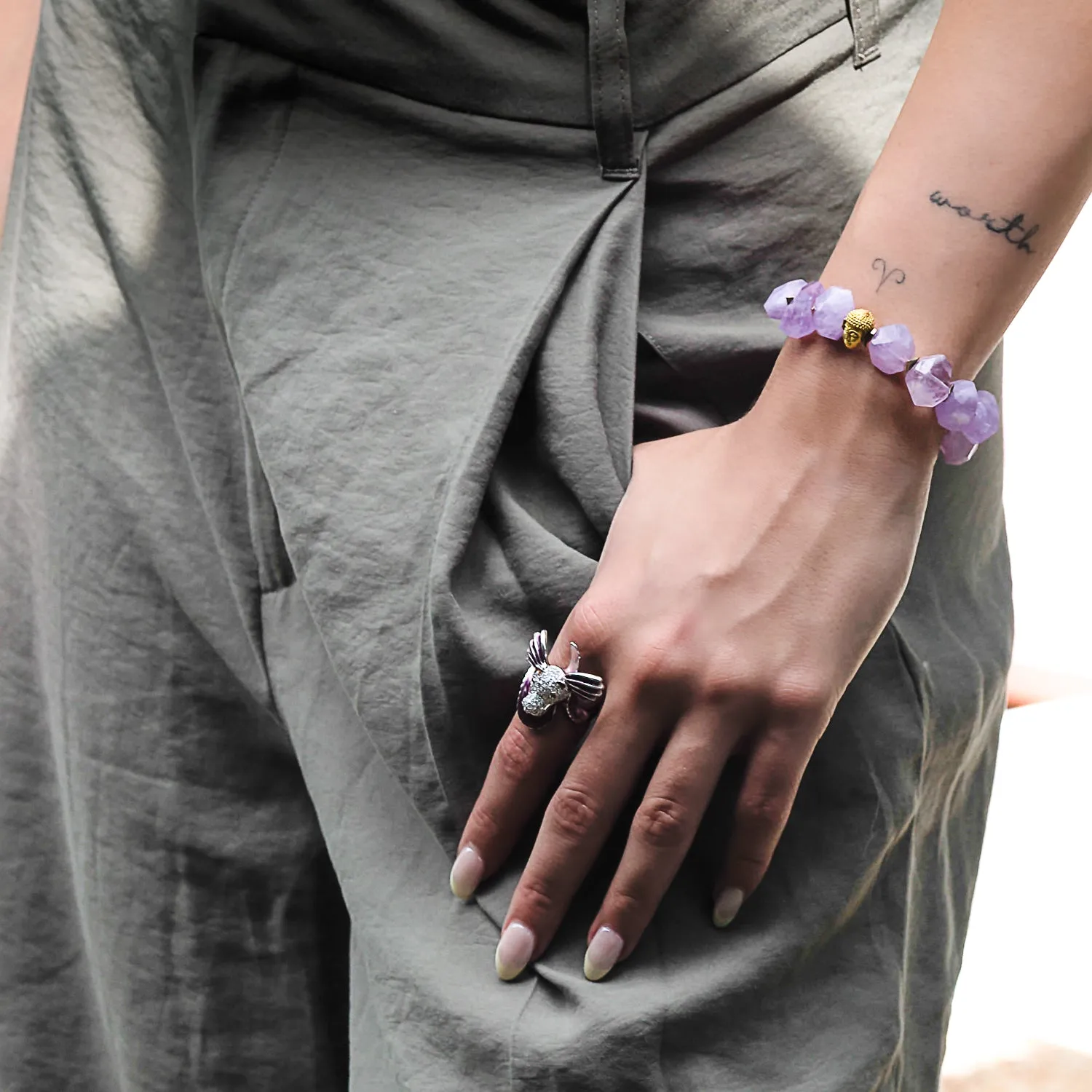 Solid Gold Buddha Charm Amethyst Stone Meditation Bracelet