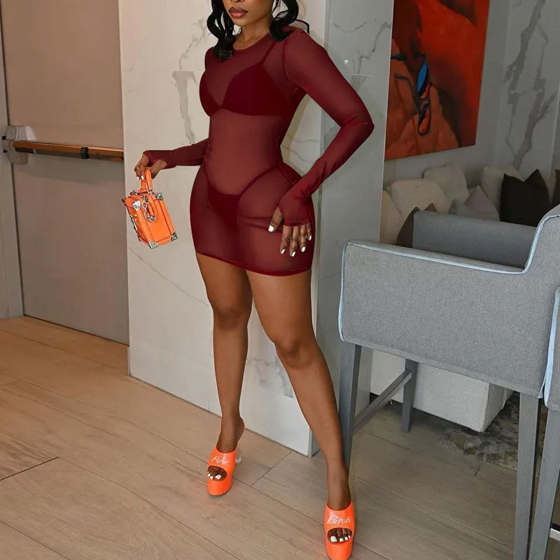 Solid Long Sleeve Sheer Mesh Three Piece Dress Set