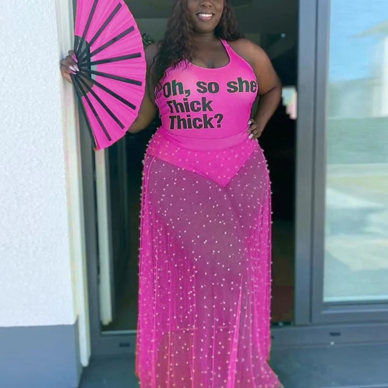 Solid Sheer Mesh Beaded Two Piece Set