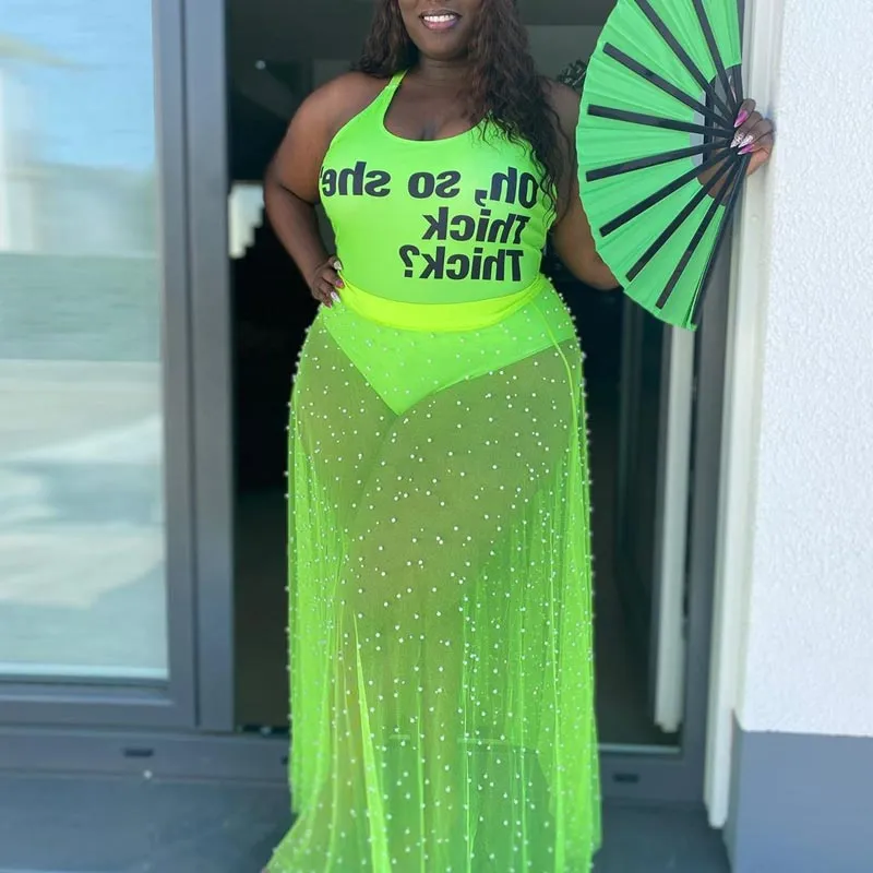 Solid Sheer Mesh Beaded Two Piece Set