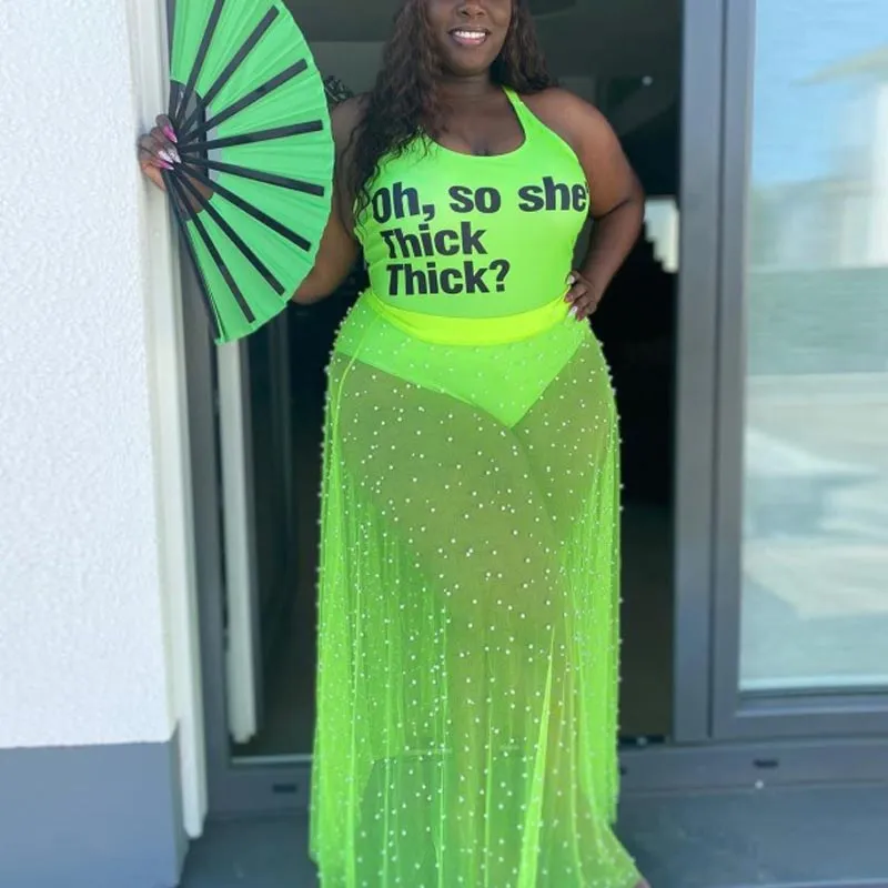 Solid Sheer Mesh Beaded Two Piece Set
