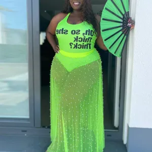 Solid Sheer Mesh Beaded Two Piece Set