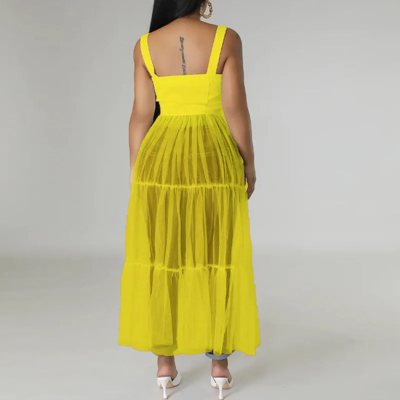 Solid Sheer Mesh Patchwork Spaghetti Strap Dress