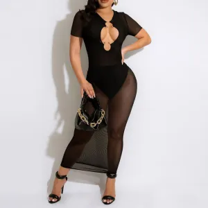 Solid Short Sleeve Cut Out Sheer Mesh Dress