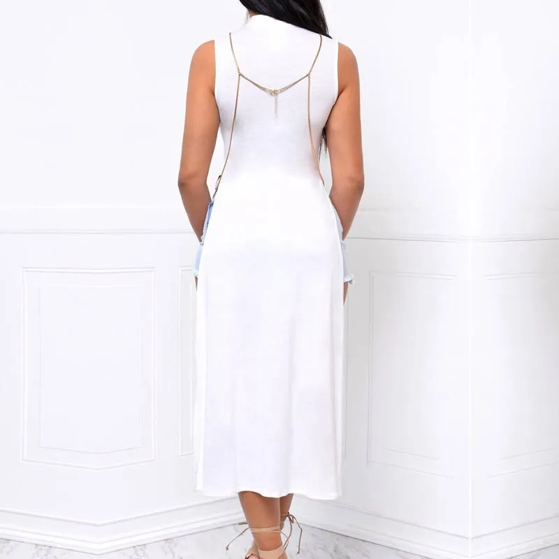 Solid Sleeveless Sheer Mesh Patchwork Dress