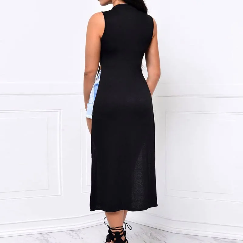 Solid Sleeveless Sheer Mesh Patchwork Dress