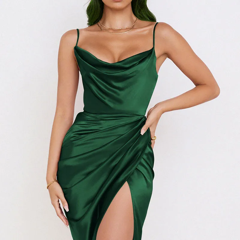 Solid Sleeveless Slit Ruched Spaghetti Strap Dress