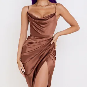 Solid Sleeveless Slit Ruched Spaghetti Strap Dress