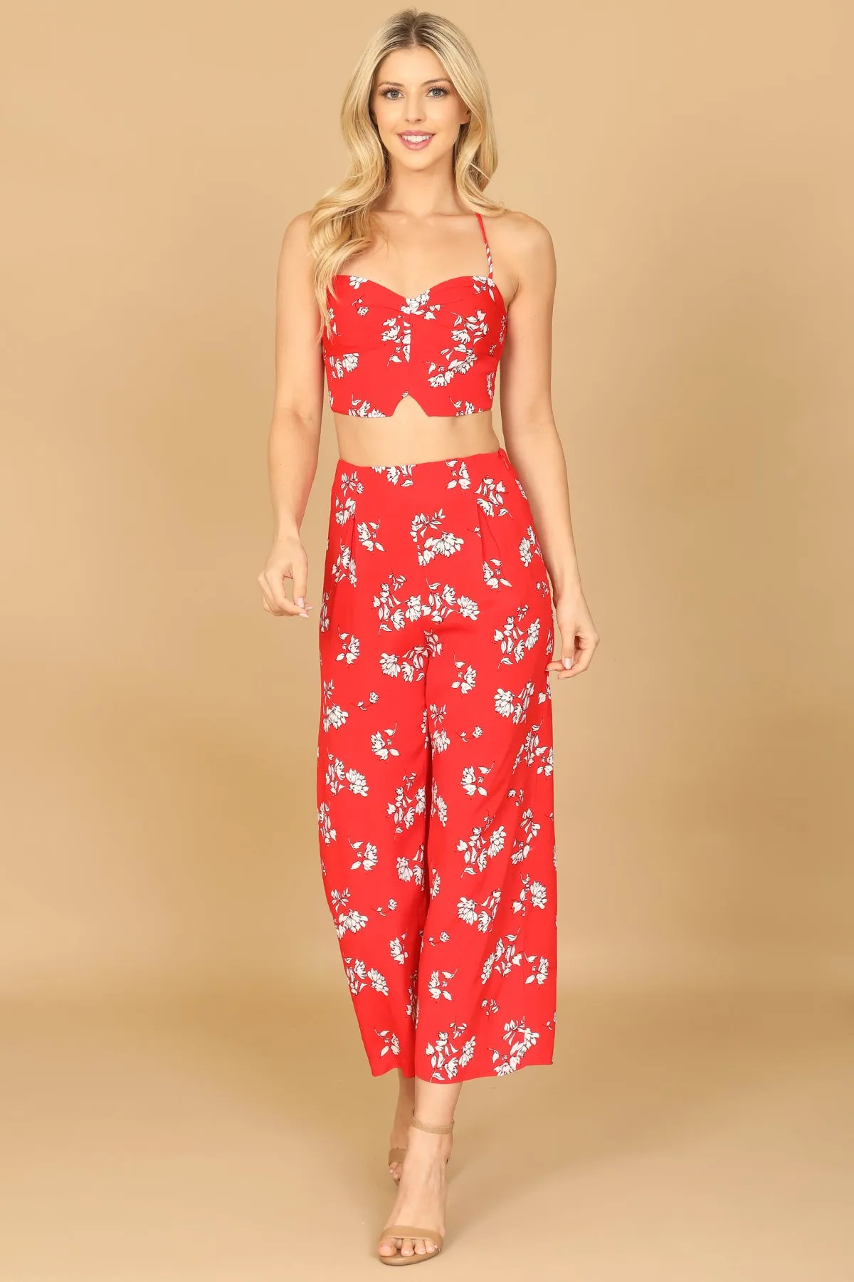 SPAGHETTI STRAP FLORAL CROP TOP & PANTS SET