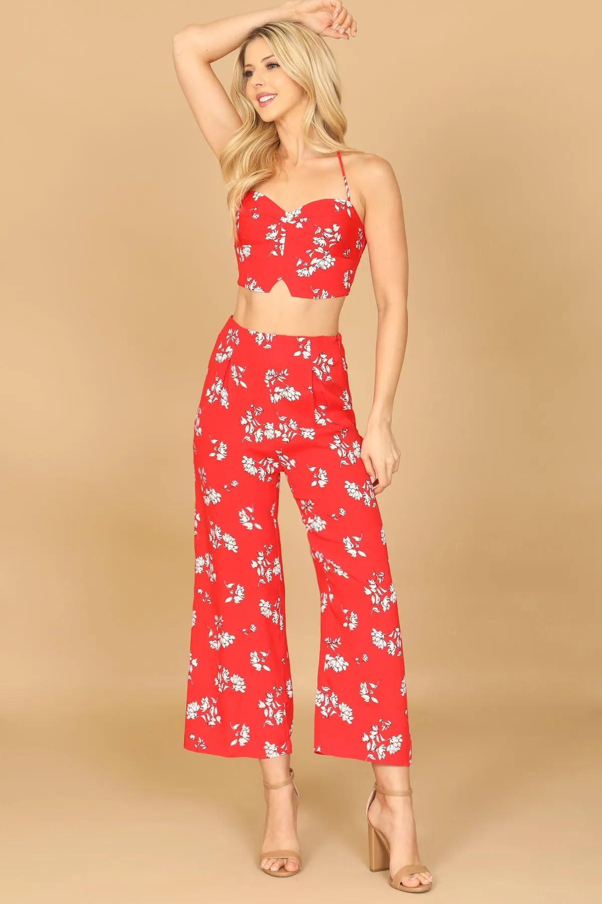 SPAGHETTI STRAP FLORAL CROP TOP & PANTS SET
