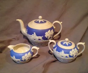 Spode Copeland Blue Jasperware Vintage Five Piece Tea Set with Fox Hunt Scene