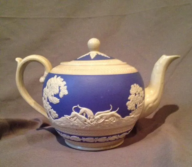 Spode Copeland Blue Jasperware Vintage Five Piece Tea Set with Fox Hunt Scene