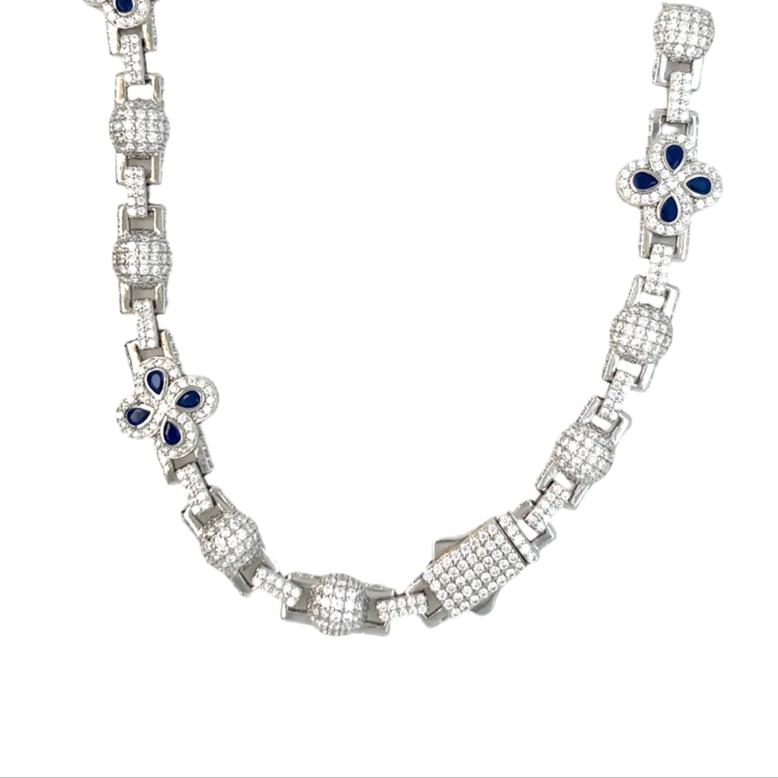 Sterling Flower Lab-Created Moissanite 10mm Chain Necklace Elegant Blue Blossom - M502399
