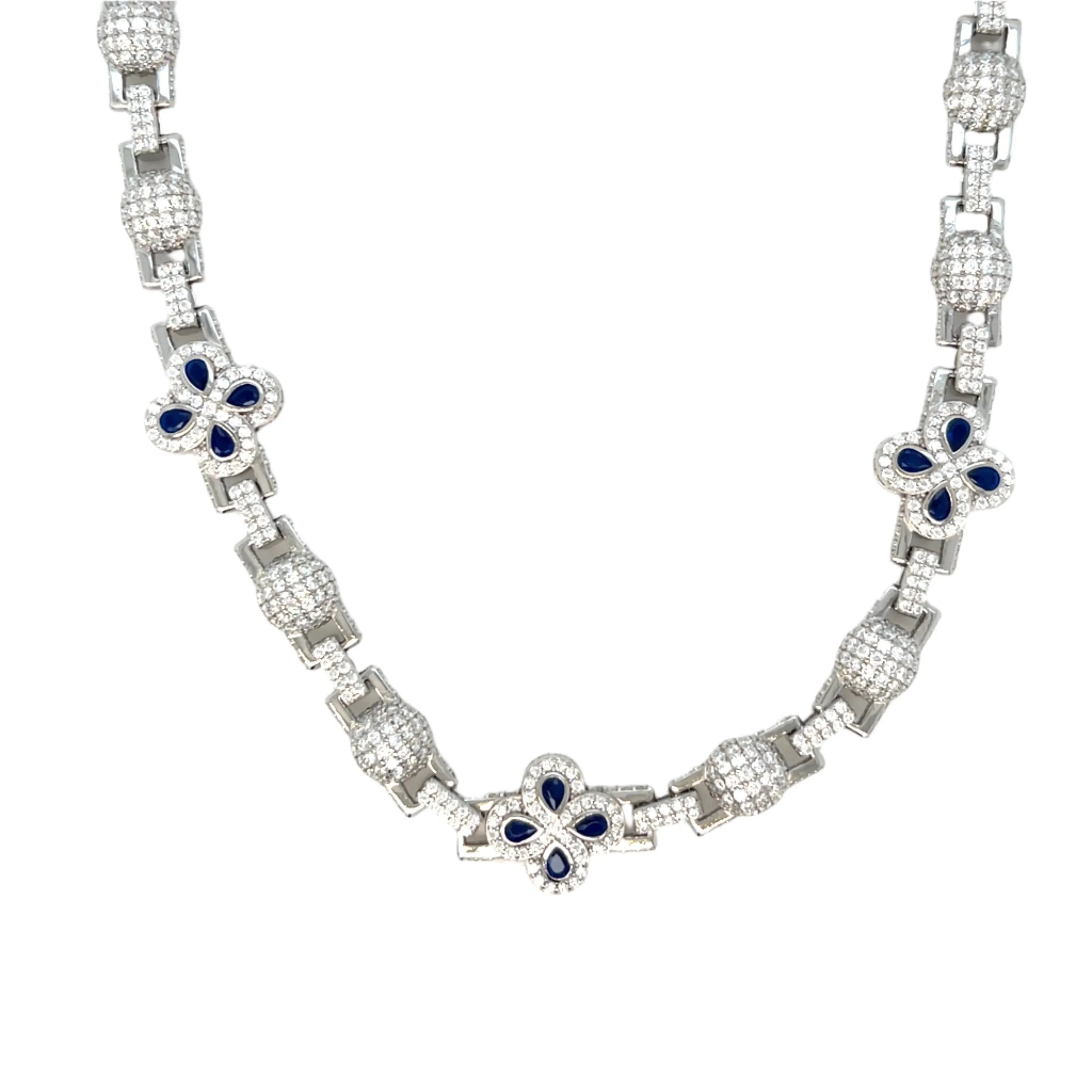 Sterling Flower Lab-Created Moissanite 10mm Chain Necklace Elegant Blue Blossom - M502399