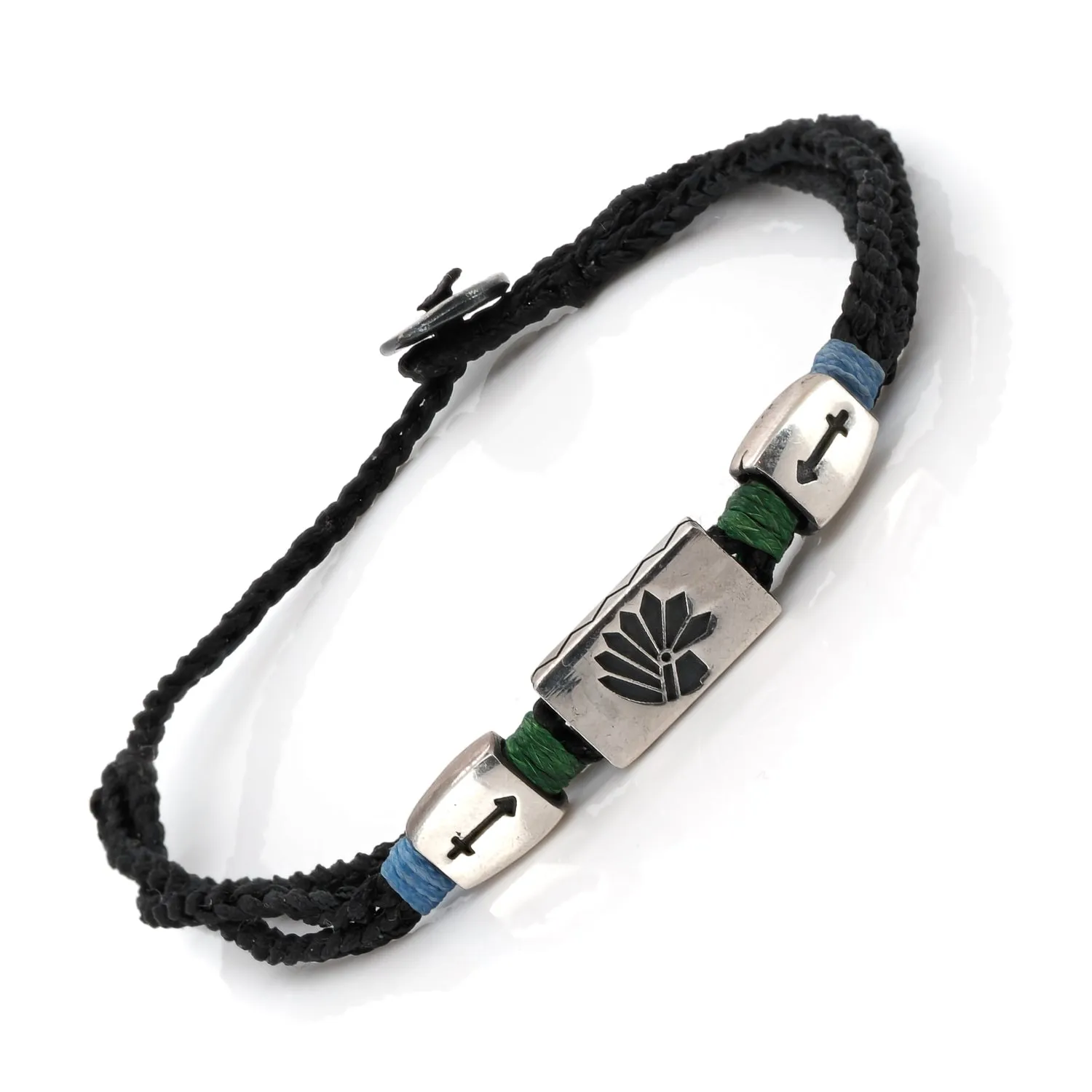 Sterling Silver Indian Chief Black Woven Lucky Bracelet