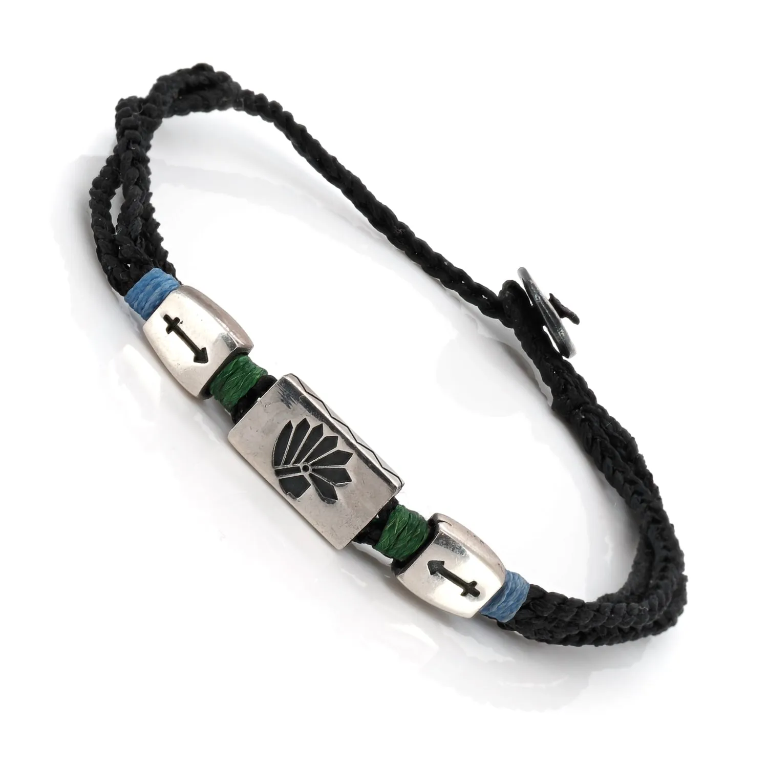 Sterling Silver Indian Chief Black Woven Lucky Bracelet