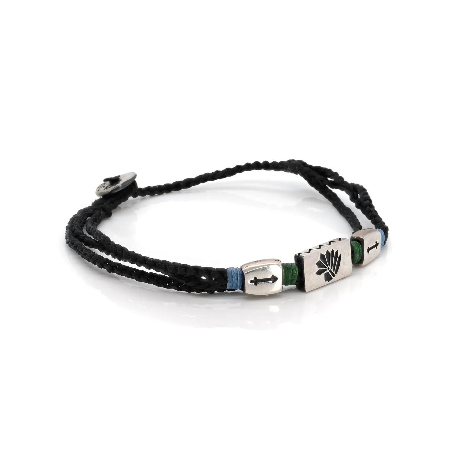Sterling Silver Indian Chief Black Woven Lucky Bracelet