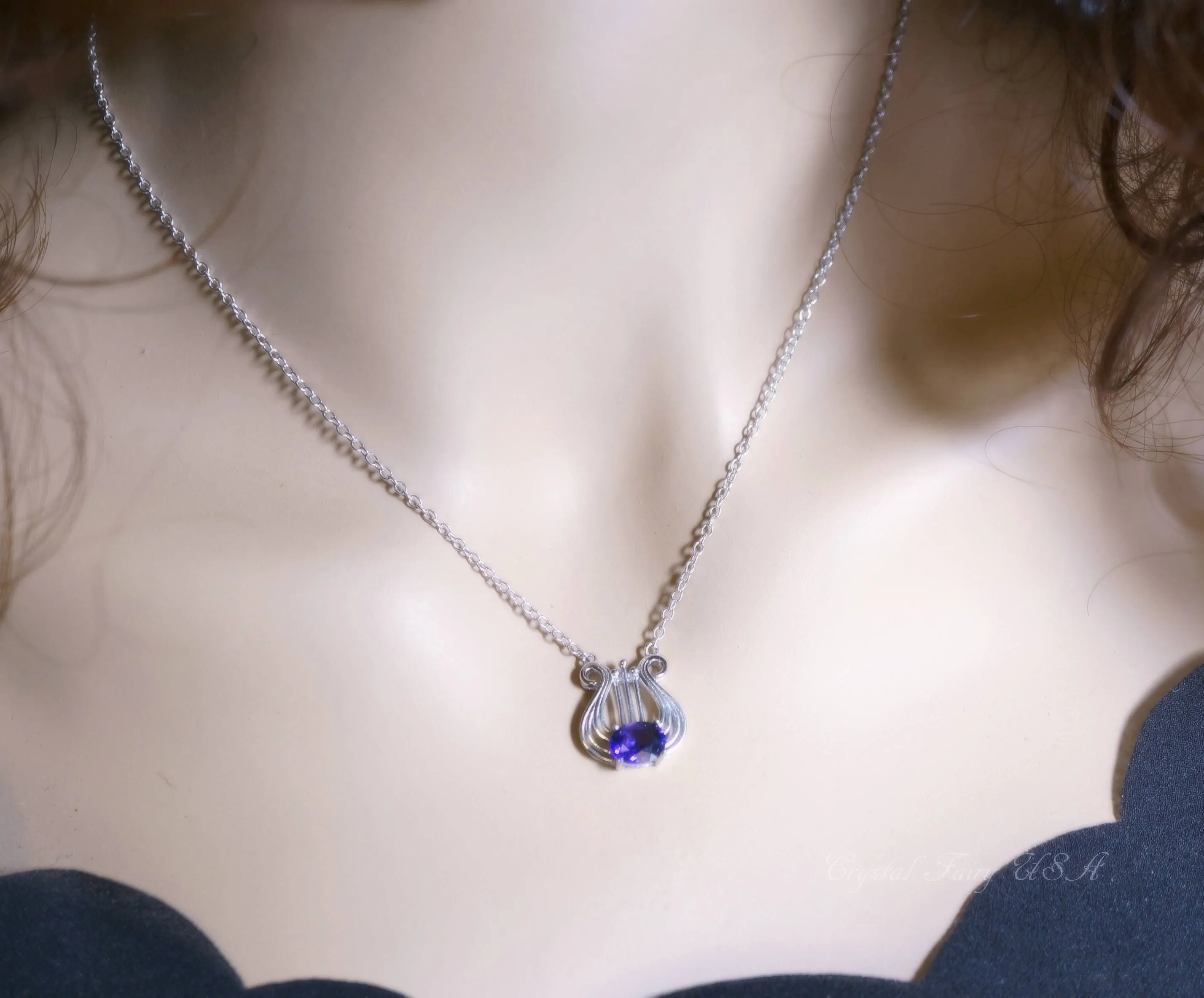 Sterling Silver Natural  Amethyst Necklace, Musical Instrument Fine  Gemstone Luxury Amethyst Jewelry