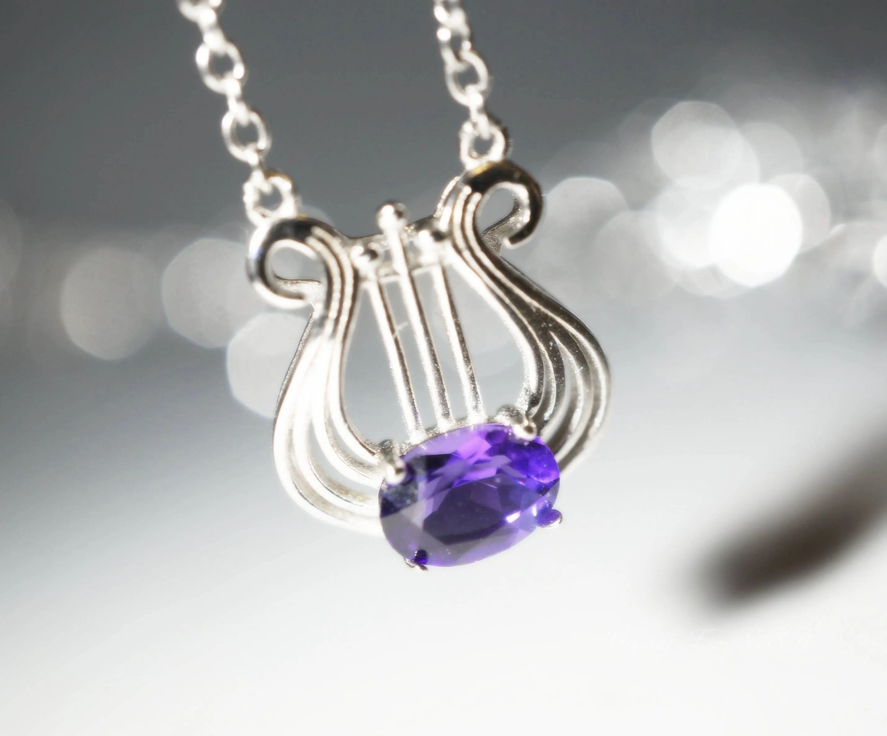 Sterling Silver Natural  Amethyst Necklace, Musical Instrument Fine  Gemstone Luxury Amethyst Jewelry