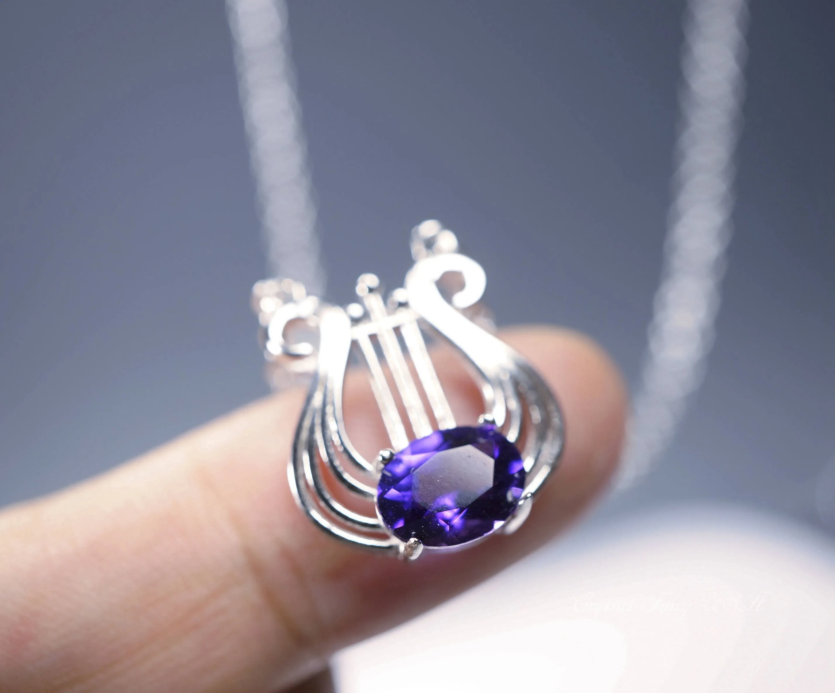 Sterling Silver Natural  Amethyst Necklace, Musical Instrument Fine  Gemstone Luxury Amethyst Jewelry
