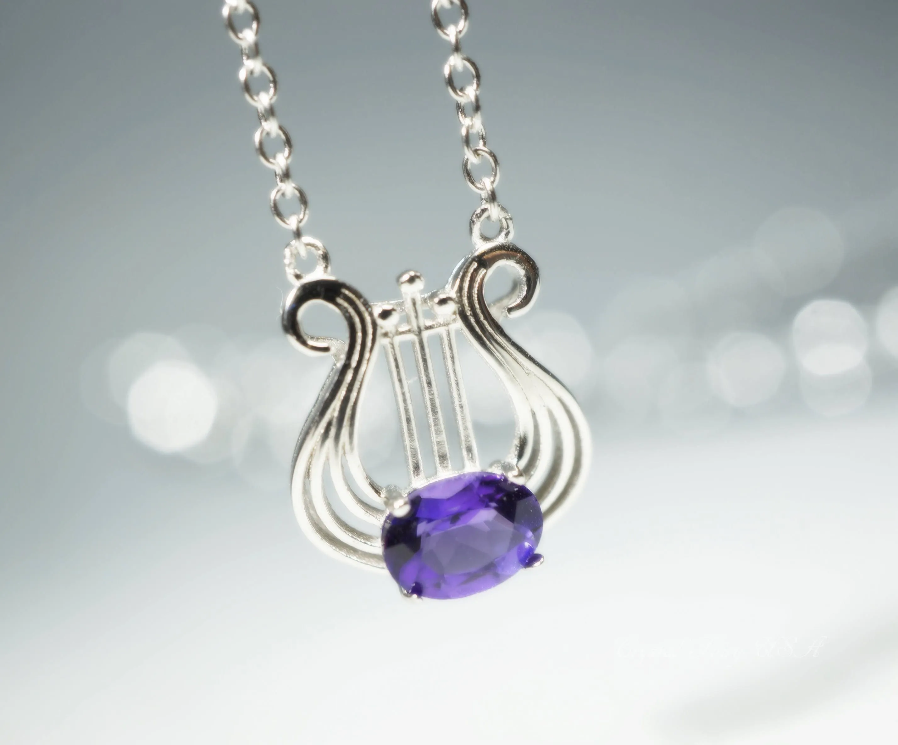 Sterling Silver Natural  Amethyst Necklace, Musical Instrument Fine  Gemstone Luxury Amethyst Jewelry