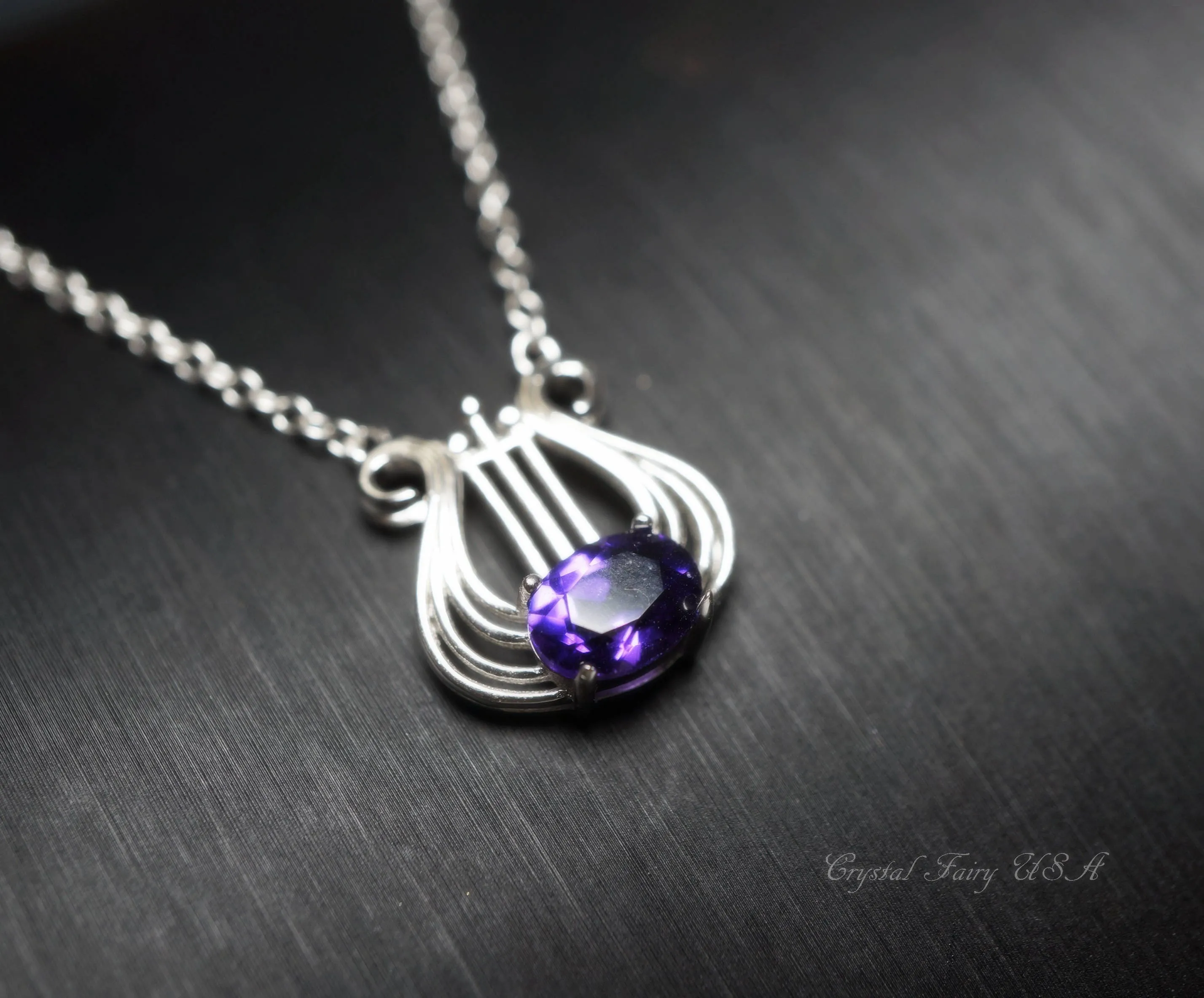 Sterling Silver Natural  Amethyst Necklace, Musical Instrument Fine  Gemstone Luxury Amethyst Jewelry