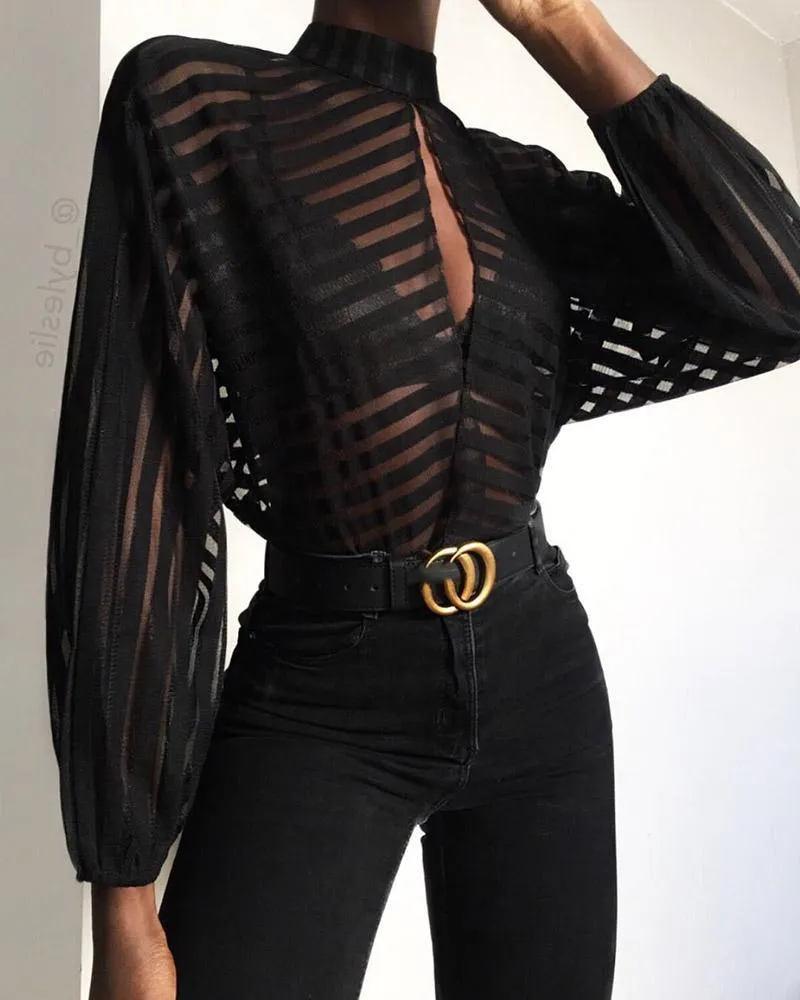 Stripes Keyhole Front Mesh Blouse