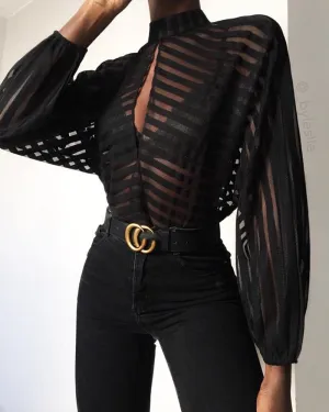 Stripes Keyhole Front Mesh Blouse