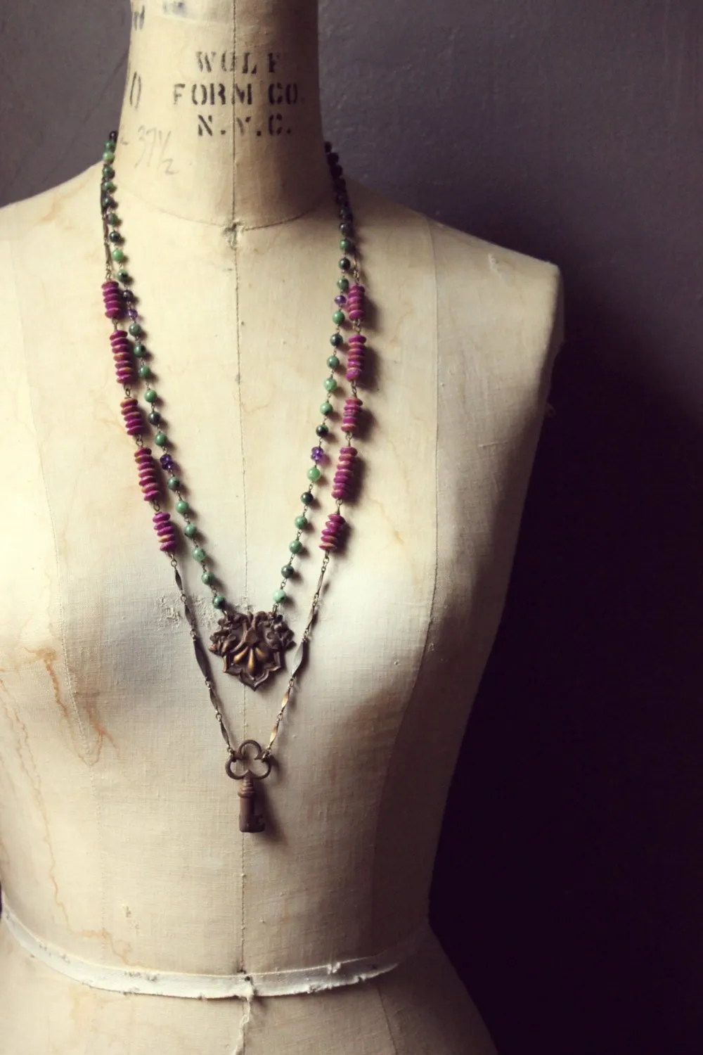 The Orchid House. Storyteller Series. Gemstone & Vintage Bone Skeleton Key Layered Necklace.