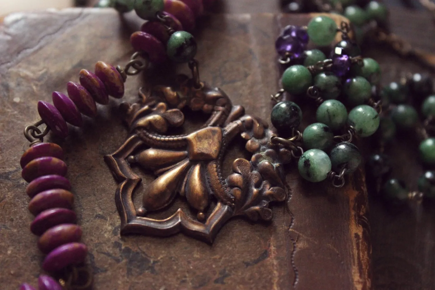 The Orchid House. Storyteller Series. Gemstone & Vintage Bone Skeleton Key Layered Necklace.