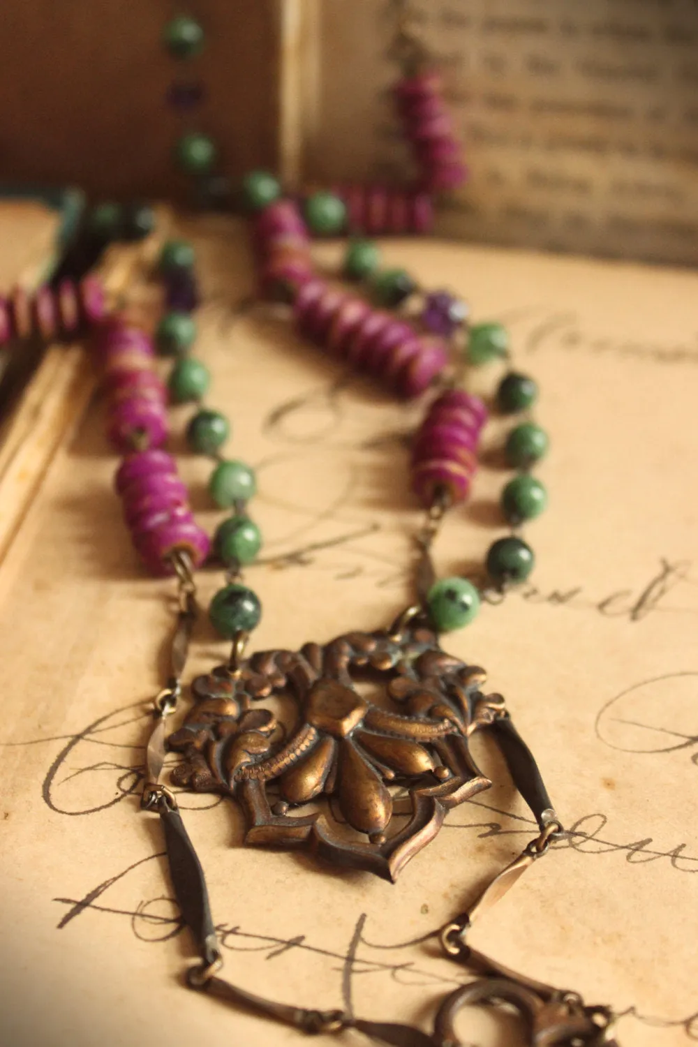 The Orchid House. Storyteller Series. Gemstone & Vintage Bone Skeleton Key Layered Necklace.