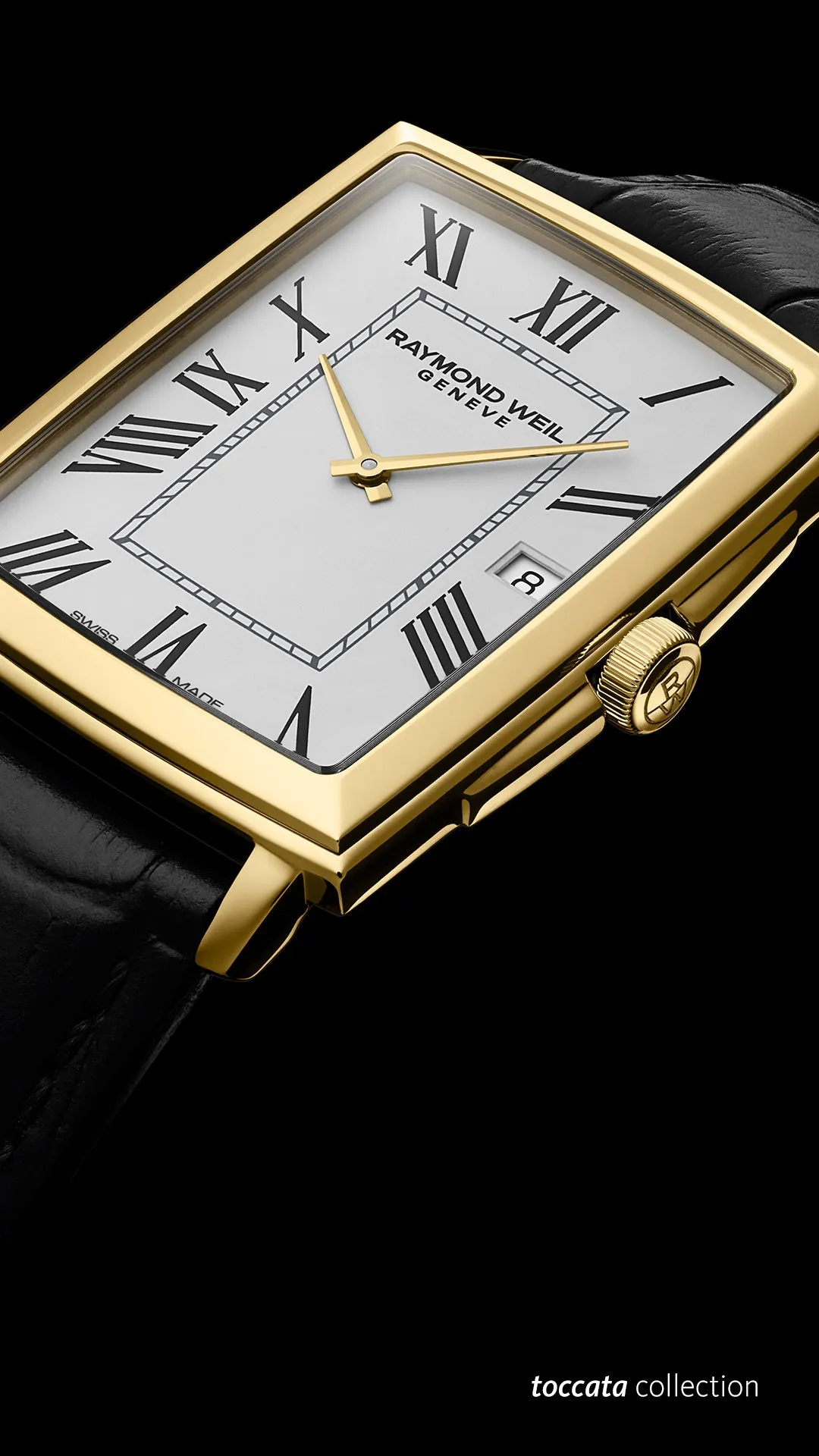 Toccata Classic Rectangular Stainless Steel White Dial Black Leather Watch