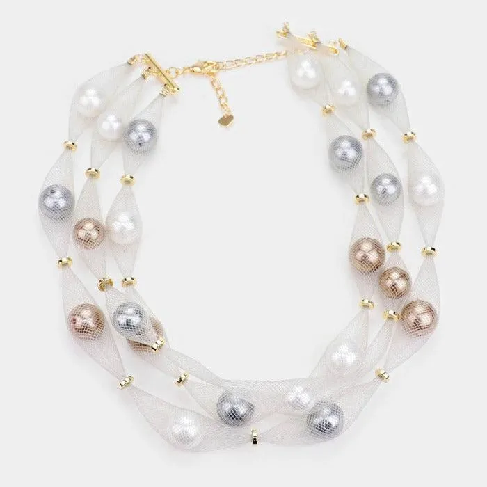 Triple Mesh Tube Brown, Gray, White Pearl Collar Necklace Set