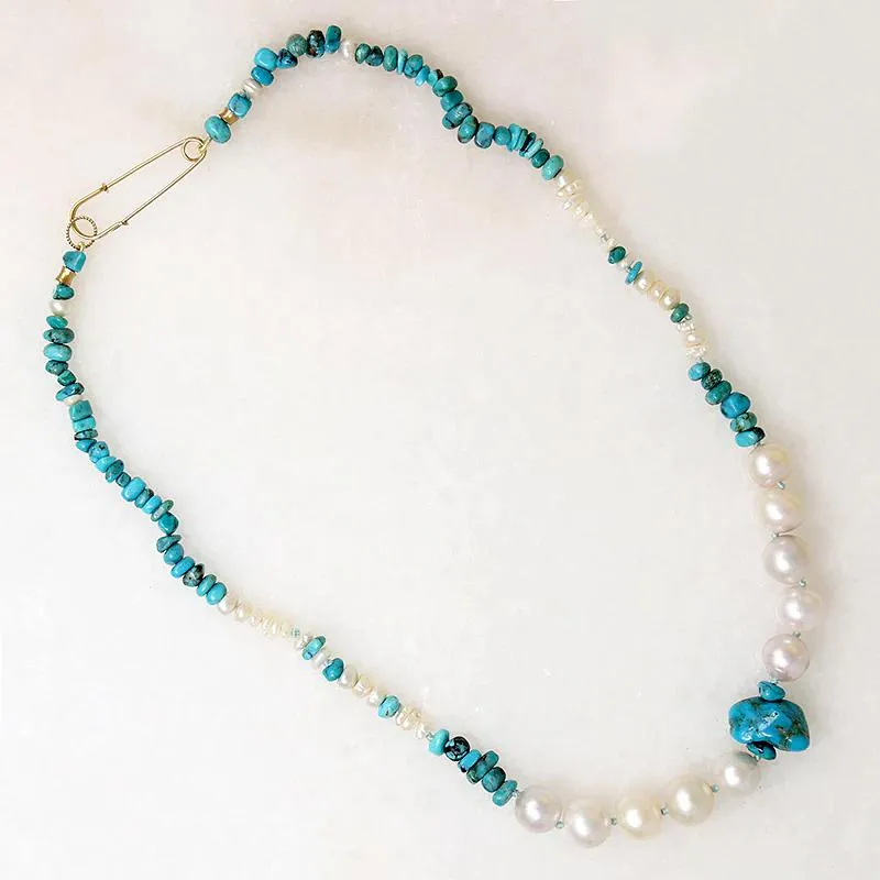 Turquoise & Pearl Necklace with Safety Pin by Ancient Influences