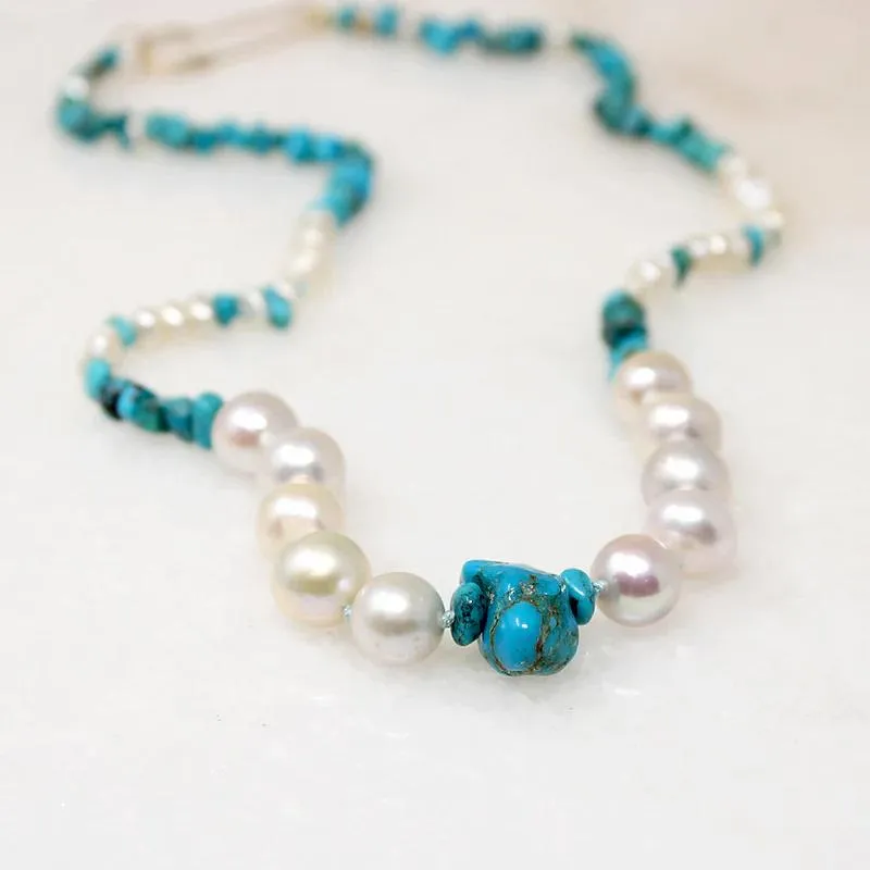 Turquoise & Pearl Necklace with Safety Pin by Ancient Influences