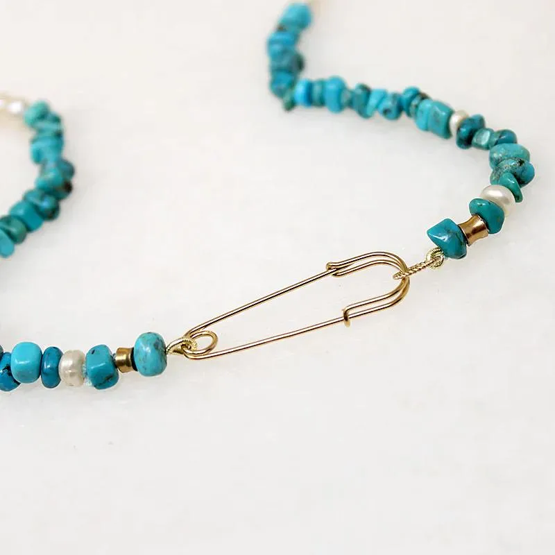 Turquoise & Pearl Necklace with Safety Pin by Ancient Influences