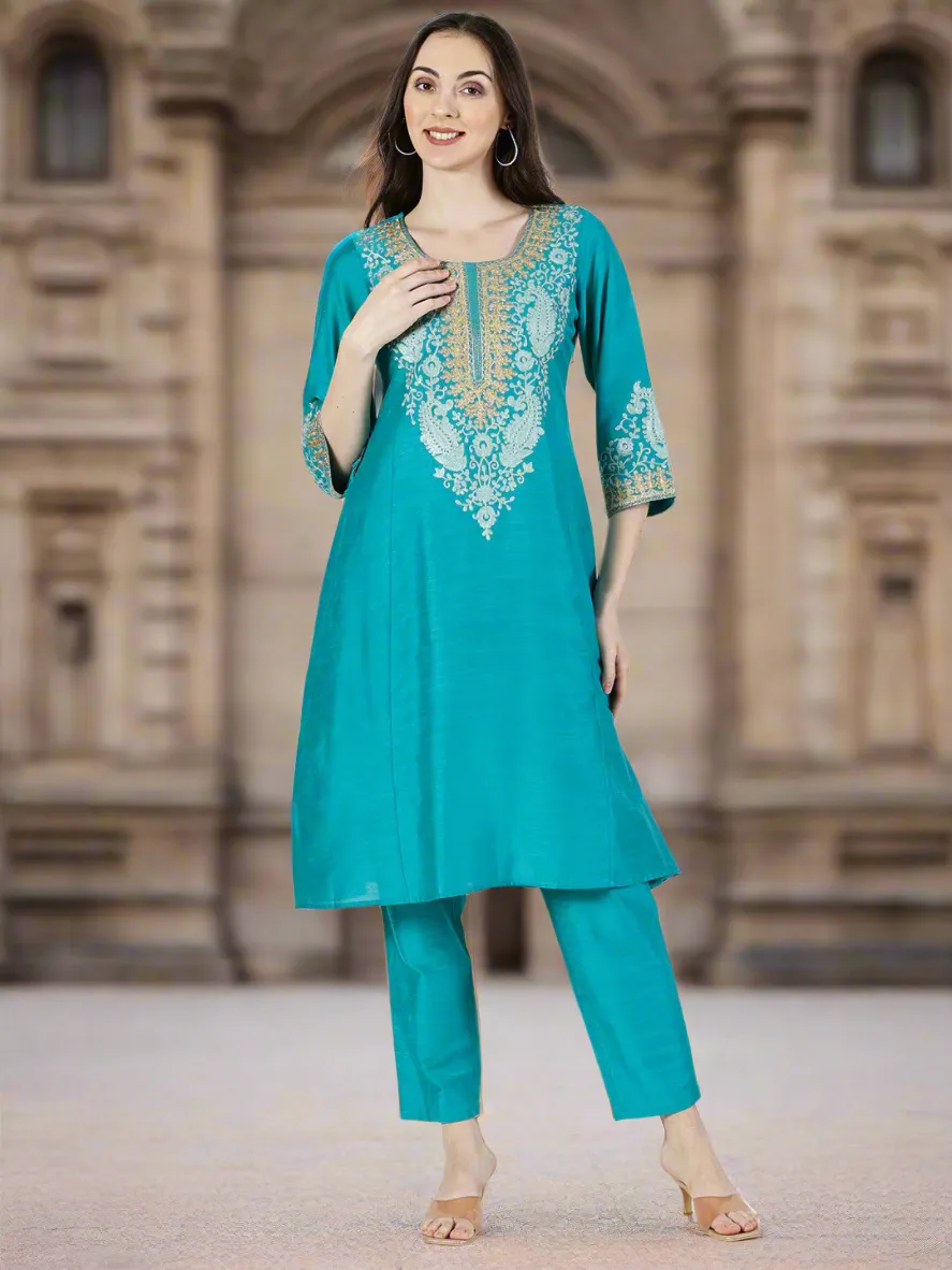 Turquoise Art Silk Embroidered Kurta and Palazzo Set
